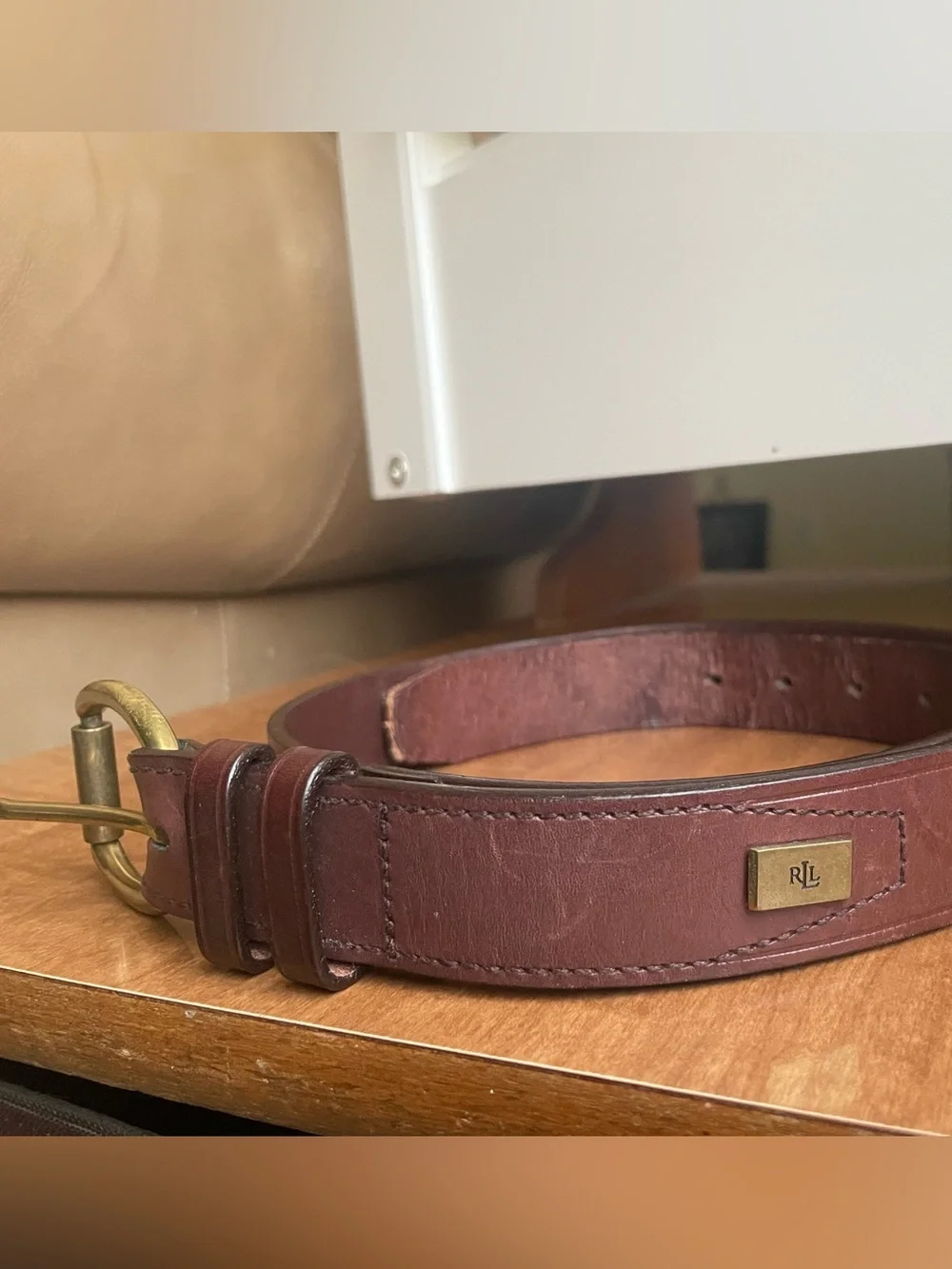 Vintage Lauren Ralph Lauren Brown Italian Leather Belt Brass Logo Plaque 36